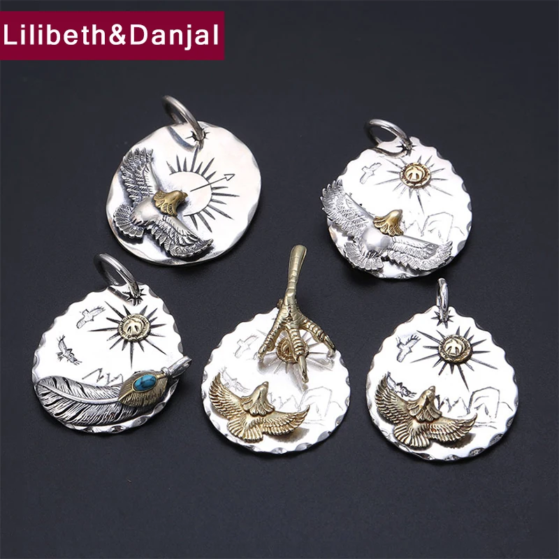 

2019 Ethnic Pendant 100% Real 925 Sterling Silver Jewelry Men Women Flying eagle Feather Mosaic stone Necklace Pendant making P1