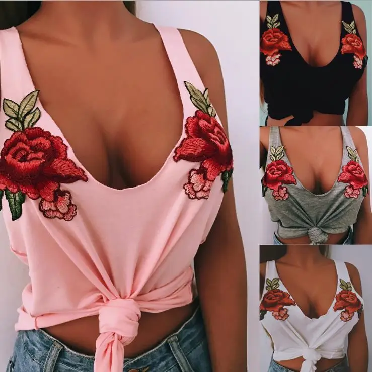 

BKLD Sexy Rose Floral Embroidery Tank Tops Women Summer V-Neck Sleeveless Solid Crop Tops 2017 Irregular Hem Femme Camisole Tops