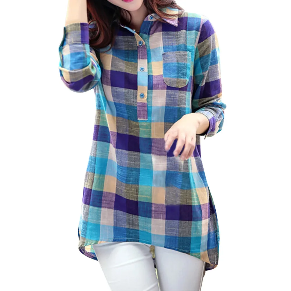 

ISHOWTIENDA Women Blouse Casual Matching Color Long Sleeve Button Loose Plaid Shirt Blouse Top woman summer 2019 Female Blusas