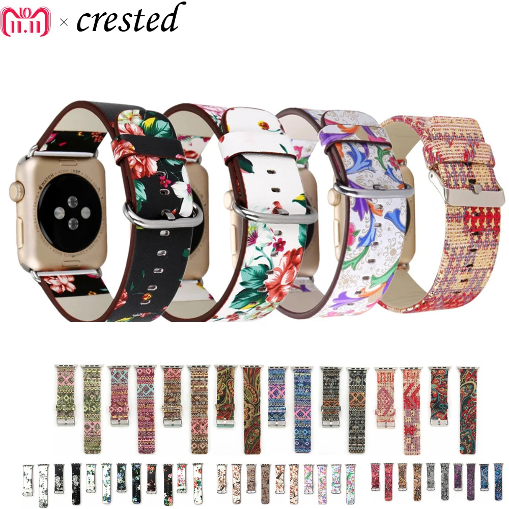 

Floral Printed Leather strap for Apple Watch band 44mm/40mm/42mm/38mm iwatch 5/4/3 Bracelet leather watchband series 5 4 3 2 1
