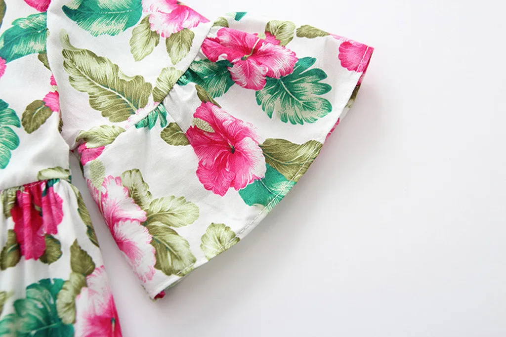 Summer New Fashion Toddler Kids Baby Girls Dress Floral Print Flare Sleeve Princess Dress Outfits Wholesale Free Ship Z5