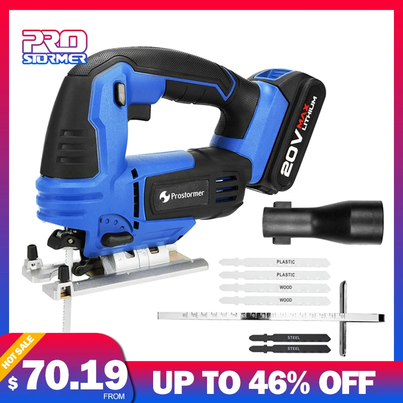 

PROSTORMER 20V Cordless Jig Saw With Quick Blade Change Electric Power Tool Jigsaw LED Light Guide With 6 Pcs Blades Woodworking