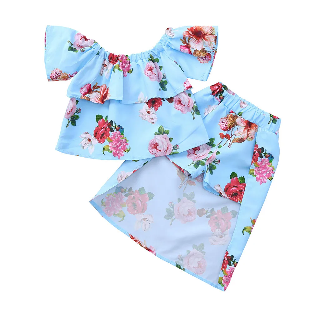 

Children's Set 2Pcs Toddler Baby Girls Off Shoulder ruffled top Floral Print Tops Shorts Skirt Outfits Set meisjes kleding