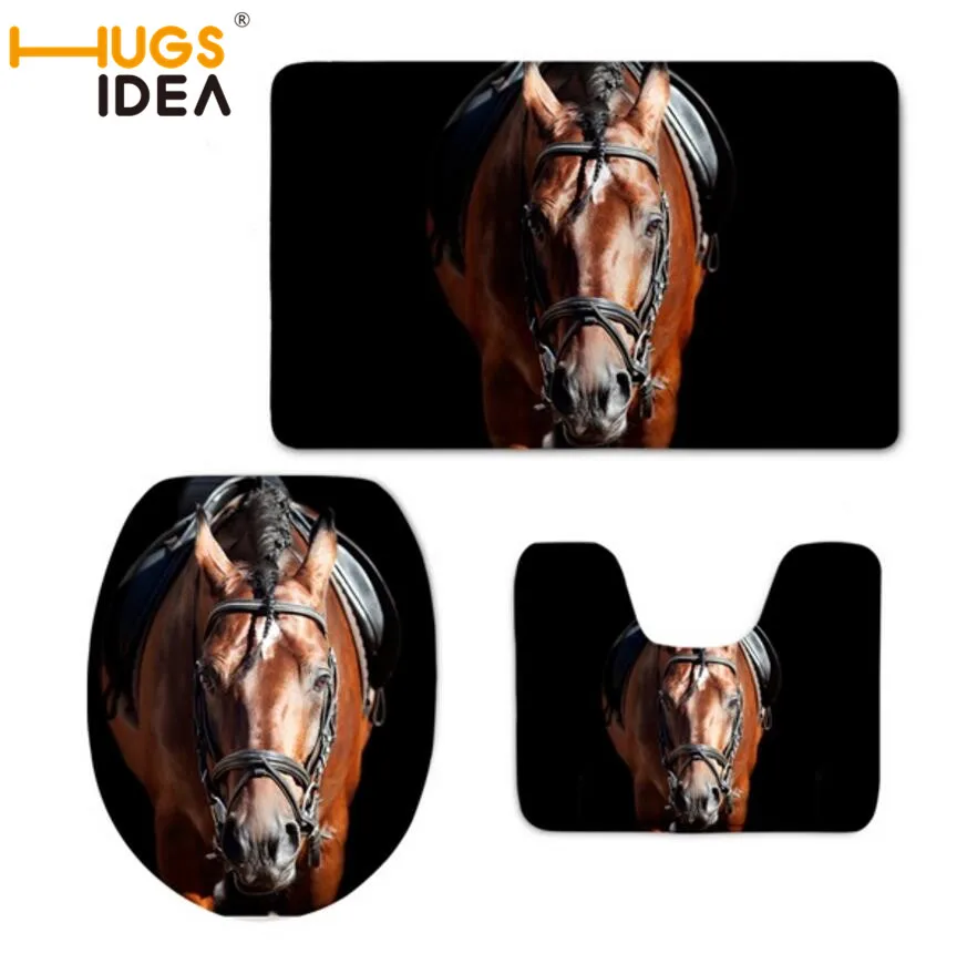 

HUGSIDEA 3D Horse Printed Bathroom Floor Carpets Home Decor Lid Pads WC Area Rugs Non-slip Soft Mats Overcoat Toilet Case