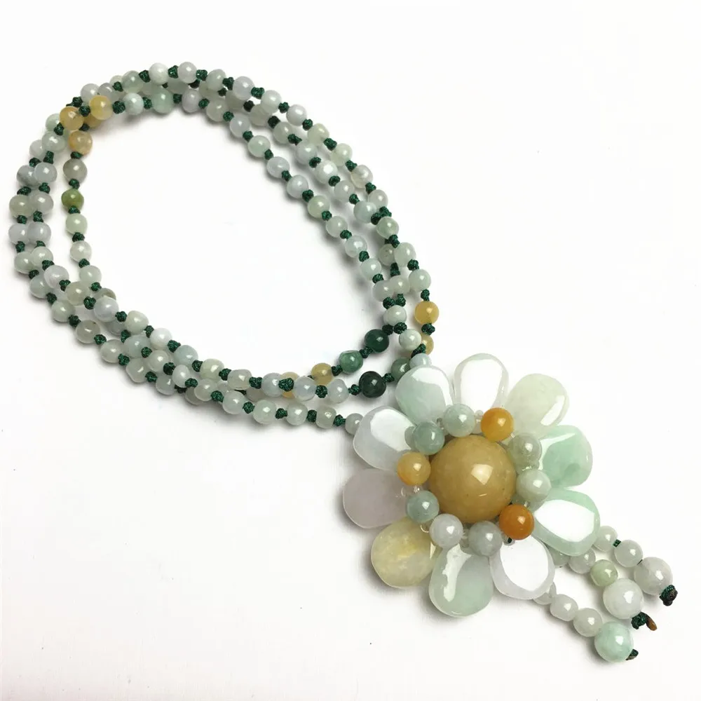 

Natural AAA Jadeite Sun Flower Pendant Beads Necklace Handmade Jadeite Craft Sweater Chain Trendy Female Accessories Wholesale