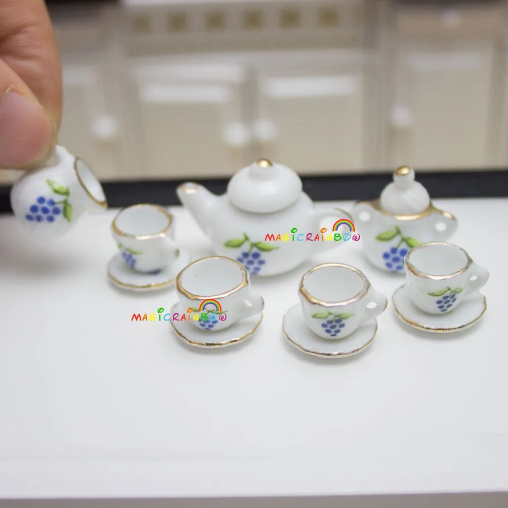 

Porcelain Mini Cup Saucer Teapot Pot Coffee Tea Set Grape Dollhouse Miniatures 1:12 Tableware