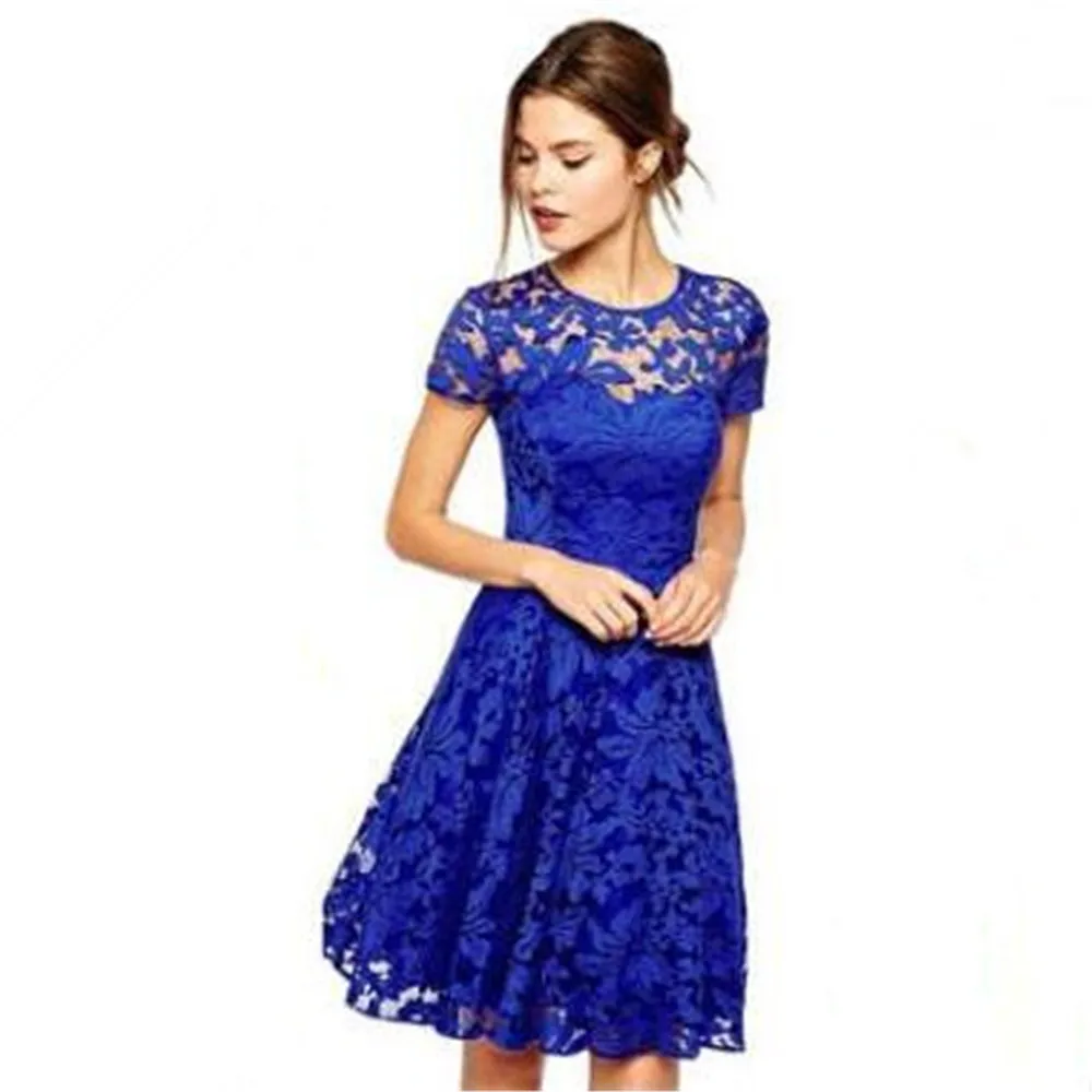 

England Blue Lace Dress Print Polyester Oneck Embroidery wrinkle Pleated RED blue temptation Night Club sexy party Cute dresses