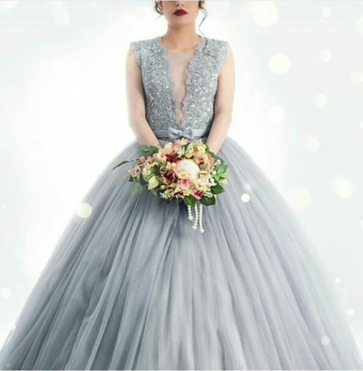 

sexy deep see through neckline ball gown silver wedding dresses