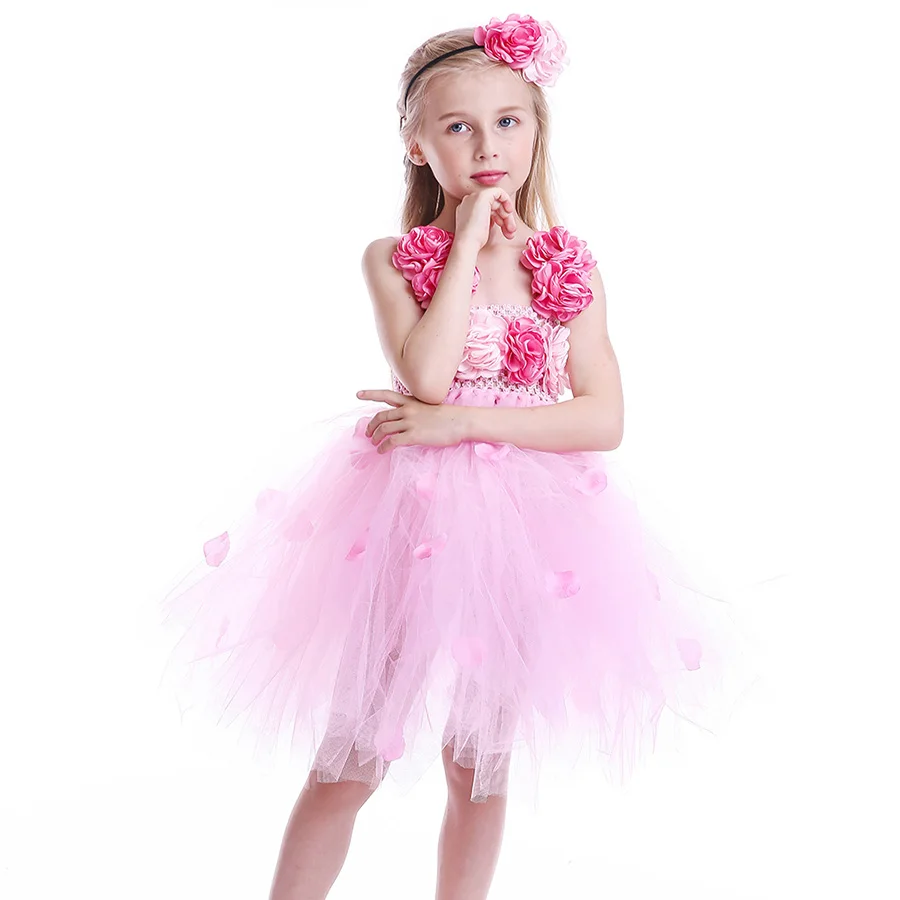 Girl Pink Flower Princess Tutu Dress with Hair Hoop Children Fancy Wedding (3)