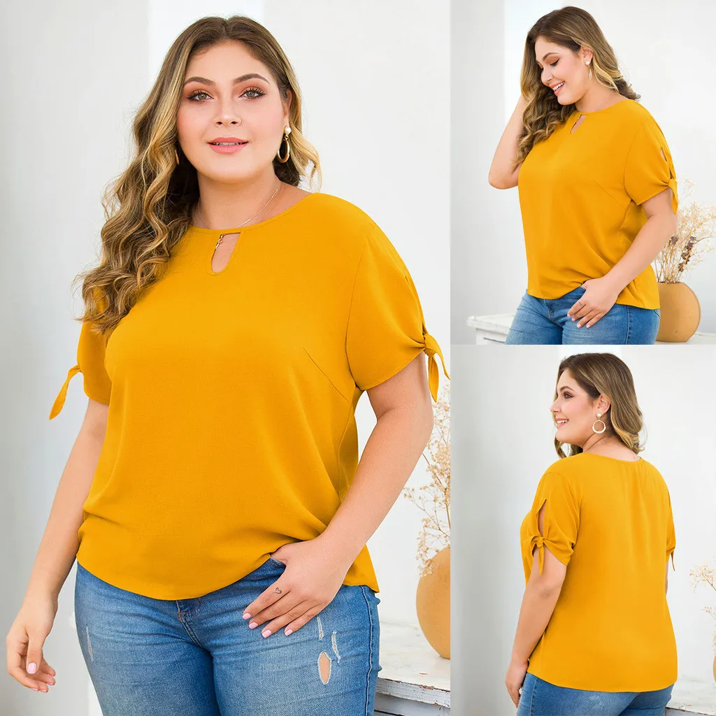 

2019 Tshirt Women Plus Size Solid Color Casual O-neck Hollow Short-Sleeved Bow Tie Top Camiseta Mujer Top Women Harajuku T Shirt