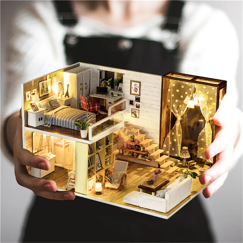 Najtaniej Drewniana duża lalka dom nowoczesne miasto loft dzieci domowe zabawki diy miniaturowe lalki domek z drewna zestaw meble lampa łóżko zabawki dla dzieci