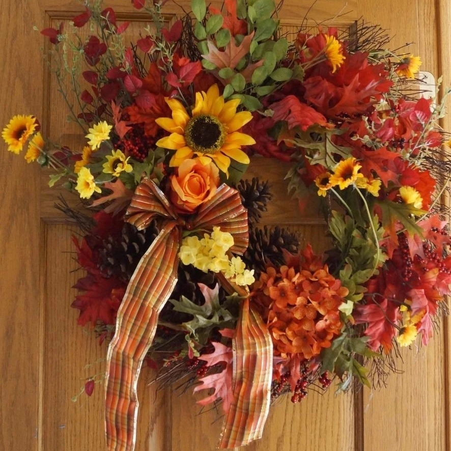 Fall Wreath, Hydrangea Roses Yellow Flowers Cottage Rustic Pine-cones (1)