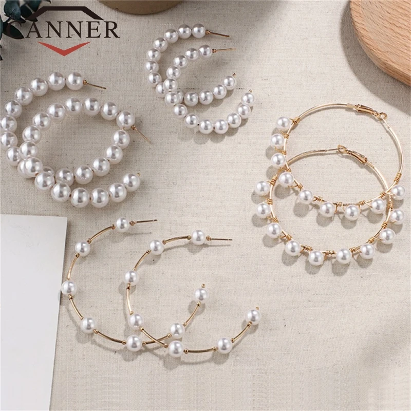 CANNER Fashion Temperament Imitation Pearl Hoop Earrings Big Circle Round Earring with Hoop for Women Jewelry FO