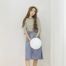 Весна Для женщин джинсы юбка Корейская версия из Высокая талия прямая трубка с разрезом в длинная куртка с секциями из джинсовая юбка D8A240