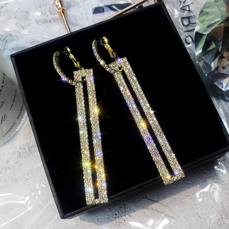 

Fashion Long Geometric Drop Earrings Luxury Gold Silver Color Rectangle Rhinestone Earring for Women Party Jewelry Gift