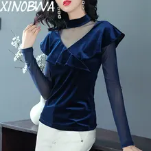 Европа Осенняя женская уличная модная свободная Водолазка с длинным рукавом Сексуальная бархатная футболка с оборками Топы женские темно-синие футболки