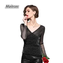 Весна лето женская футболка с длинным рукавом V шеи Сексуальная черная сетка Топ Футболки Уличная женская футболка пляжные Топы TX008