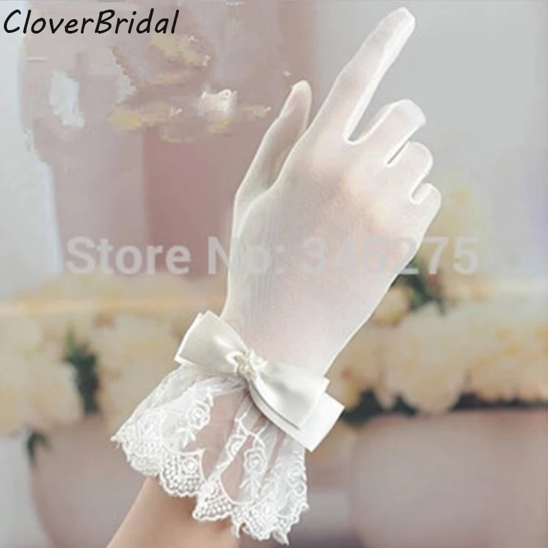 

2014 wrist length finger bow-tie belt short ivory lace wedding gloves bridal glove for bride wedding accessories