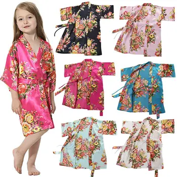 

New Fashion Kids Girl Night Gown Summer Girl Satin Silk Pajamas Cute Girl Casual Flower Nightwear Bathrobe