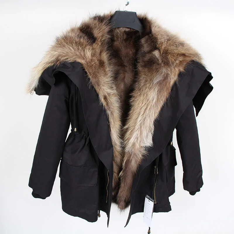 Rabbit Fur Lined Bomber Coat With Raccoon Fur Collar, Winter Coat