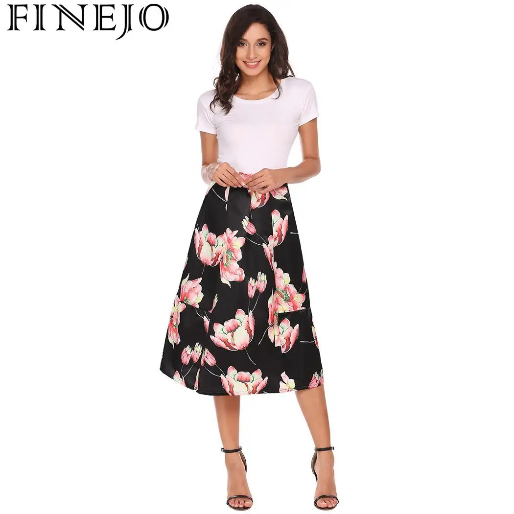 

FINEJO Boho Women Beach Skirts Summer High Waist Pleated Print Casual Party Sexy Party Club New Fashion Floral Print Saias