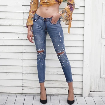 

Casual Middle waist Skinny Pencil Jean pants Pearl hole Jeans Streetwear Ripped Denim Jeans Ankle-length Distressed trousers