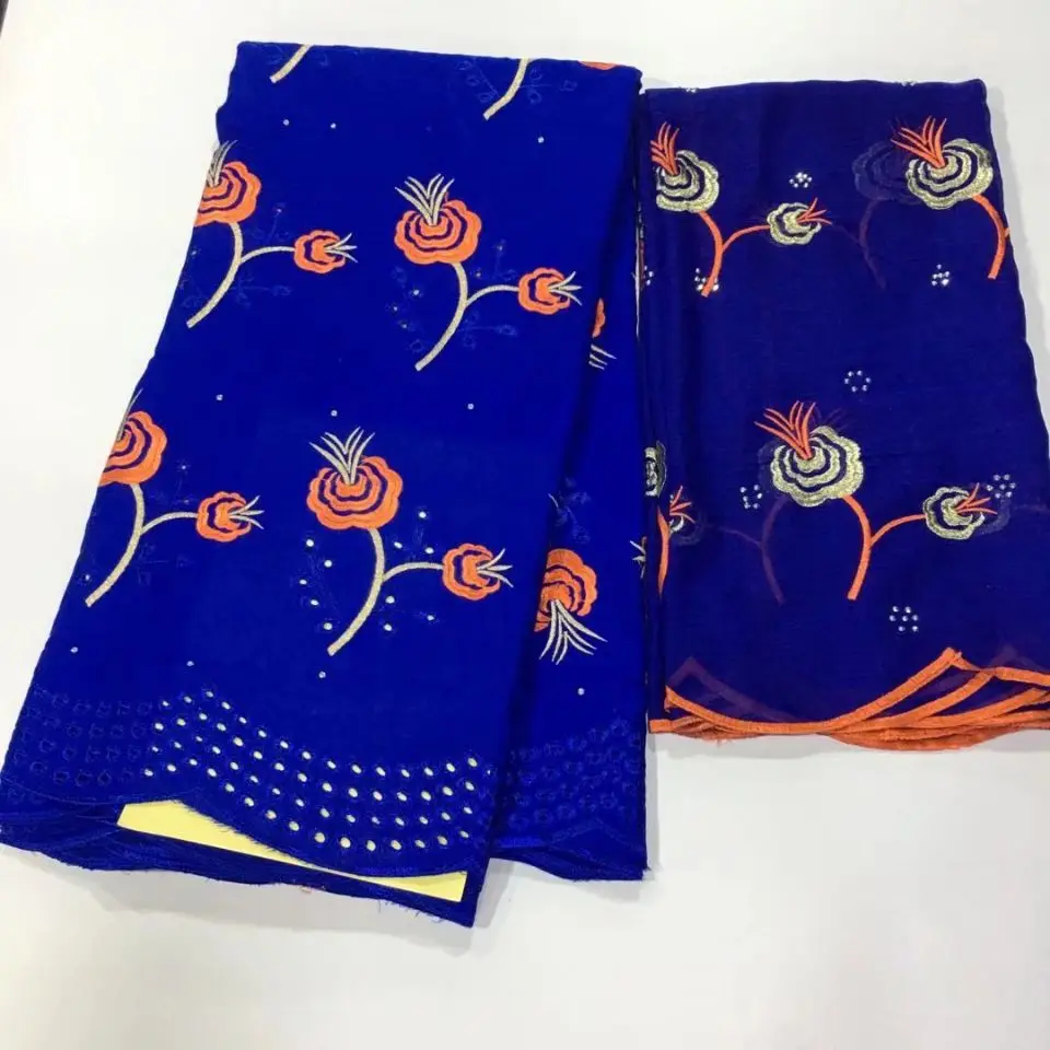 

5Yards Beautiful royal blue african mesh cotton fabric embroidery and 2Yards flowers scarf french net lace set for dress HS5-5