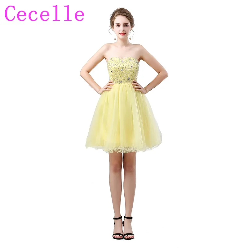 Yellow Short Cocktail Dresses For Juniors Informal Prom Party Sweetheart Sparkly Beaded Top