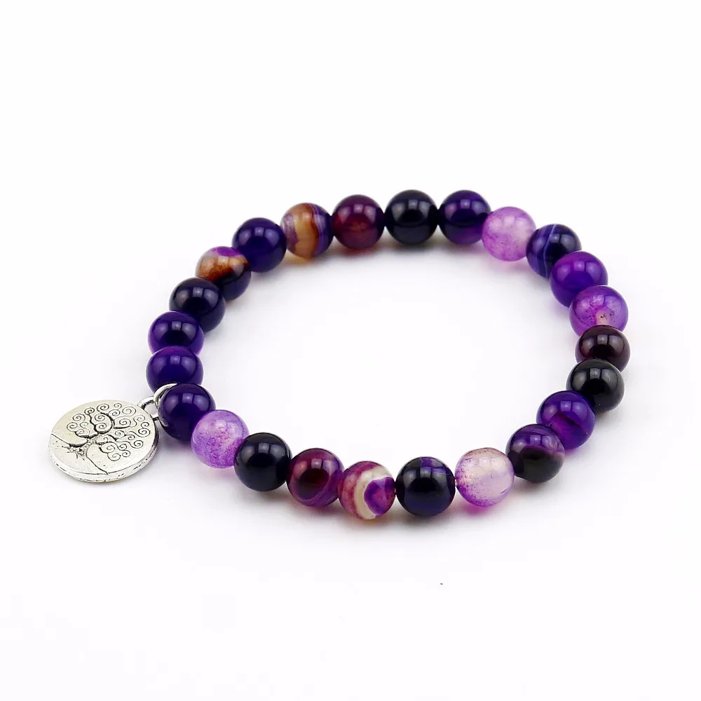 

8MM Natural Purple Stripe Onyx With Tree Life Elastic Bracelets Stretch Beaded Bracelets Boho Yoga Bracelet Holiday Bracelet