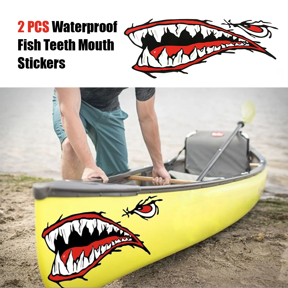 

2 Pieces Waterproof Funny Creative Cartoon Stickers Fish Teeth Mouth Stickers Kayak Boat Car Truck Accessories for Kayak Canoe