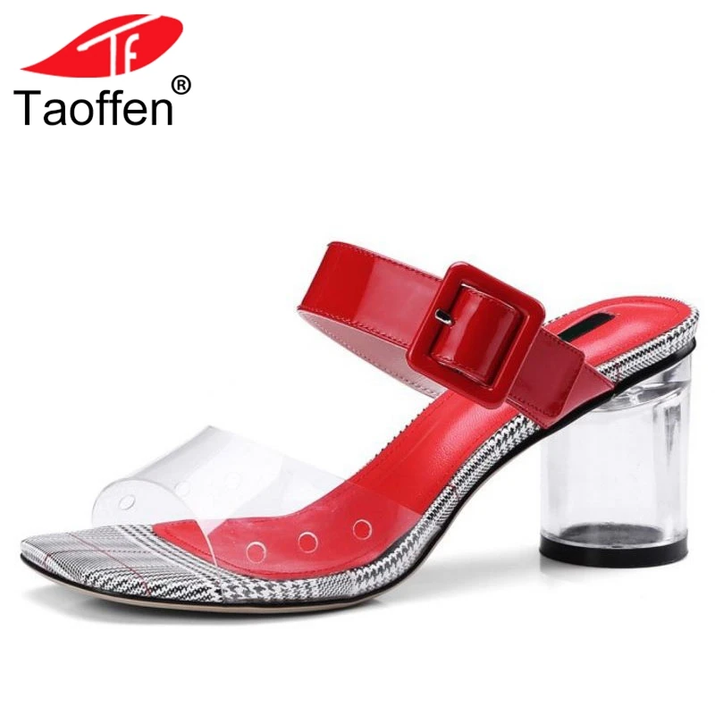 

TAOFFEN Women High Heel Sandals Real Leather Transparent Heels Metal Sandals Women Elegant Slippers Party Footwear Size 34-39