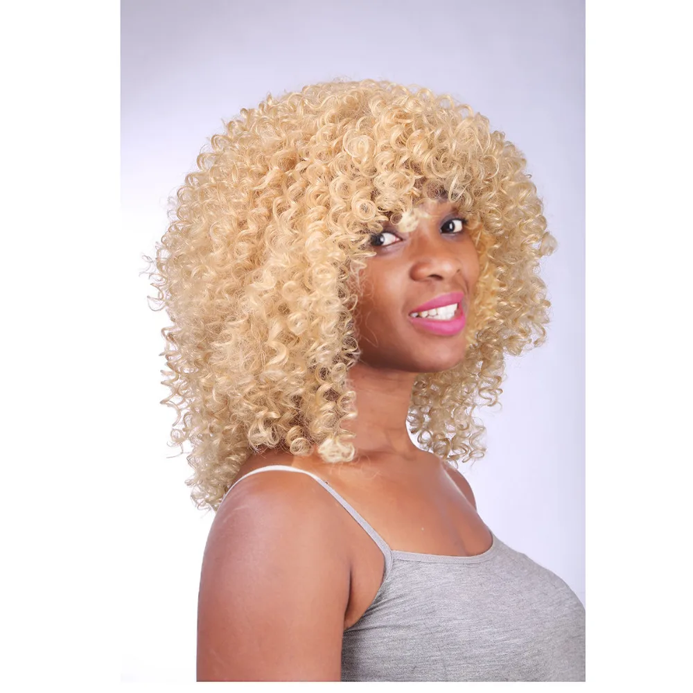 2016 New Fashion Gold Color Full Cap Hair Wigs Curly Synthetic Hair Wig