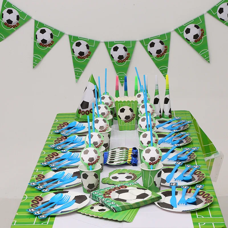 

football Cartoon Party Set Tableware Plate Napkins Banner hat Happy Birthday Candy box popcorn Box Baby Shower Party Decoration