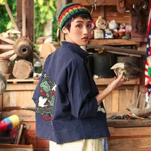 Весенняя Новинка для женщин в японском стиле повседневные Ультра свободные Вышивка Край шлифовальный хлопок короткий дизайн кимоно куртка пальто