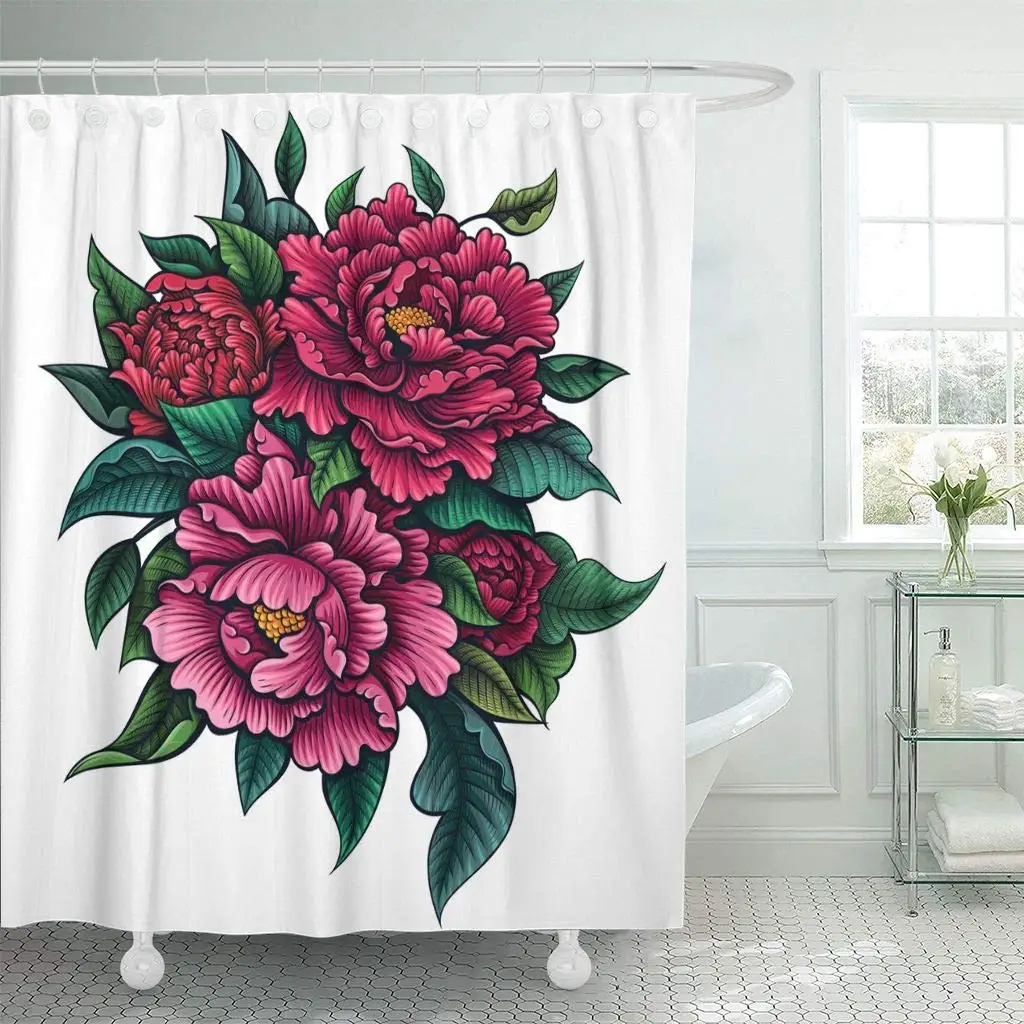 Shower Curtain with Hooks Red Tattoo Color Peony Flower on White