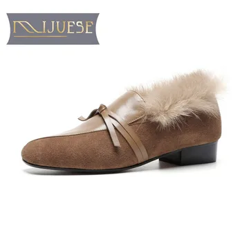 

MLJUESE 2018 women flats brown color cow leather slip on rabbit hair winter short plush warm fur comfortable flats women shoes