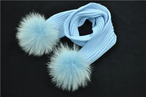 Детский вязаный шерстяной шарф, зимние детские меховые шарфы со съемными помпонами из натурального меха енота, детский теплый шарф - Цвет: Blue match fur