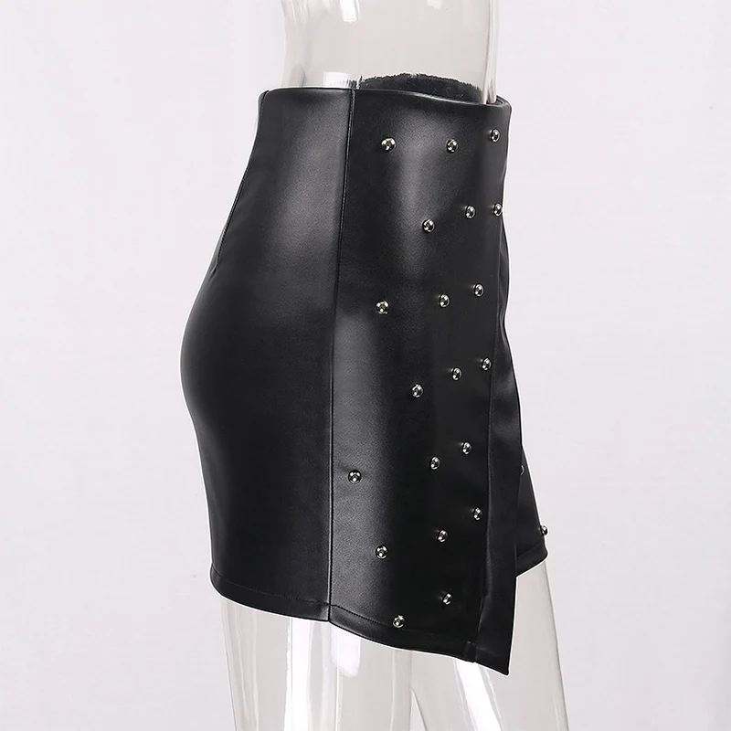 WYHHCJ 2018 new fashion summer women skirt anomaly rivet decorate empire sexy skirts pencil mini pu patchwork leather skirt 8