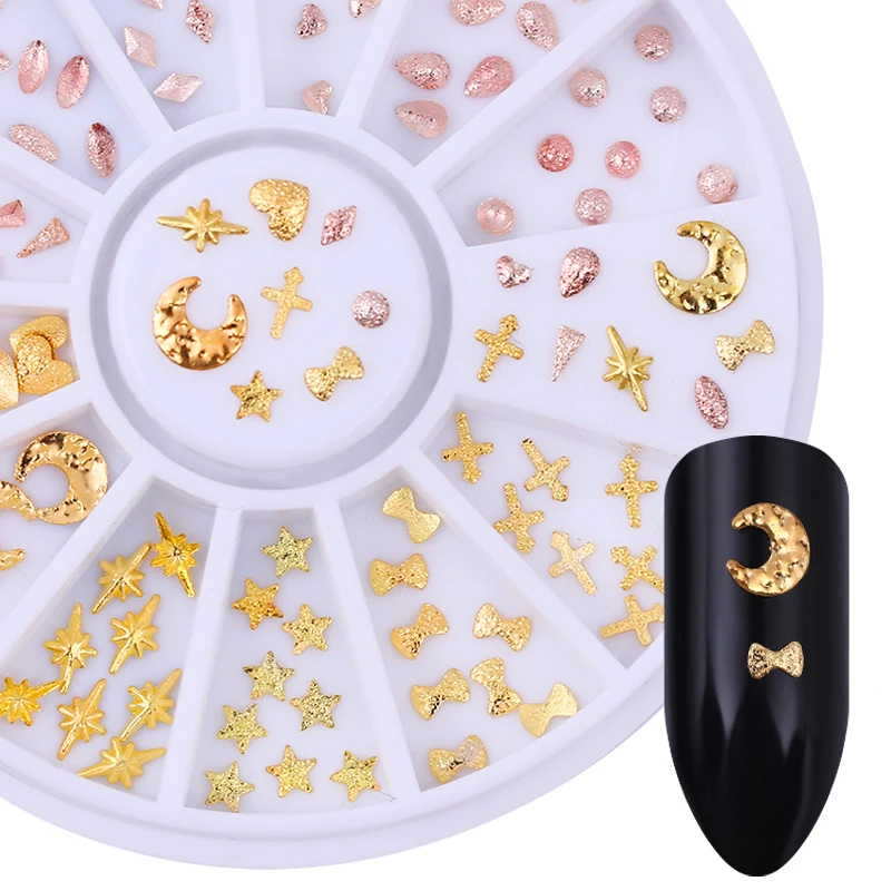 

Gold Champagne Matte Rivet Nail Studs Star Moon Heart Bowknot Cross Teardrop Rhombus 3D Nail Decoration for Nail Decorations