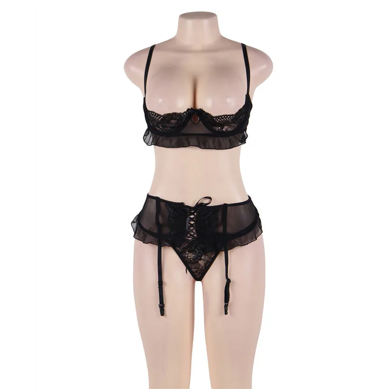 Comeonlover Sexy Bra Open Cup Set Black Plus Size Jartiyer Sexy Set 3 Pieces Steel Ring Lingerie Set Garter lenceria RE80512