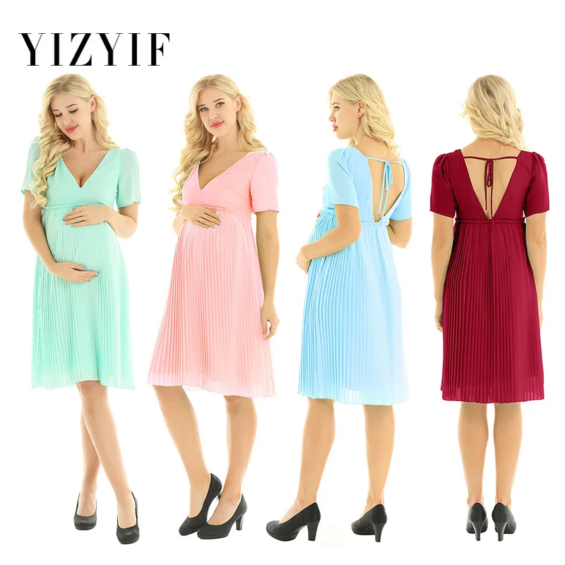 

Women Summer Dress Maternity Clothing Short Sleeve Deep V Solid Color Chiffon Boohoo Pleated Midi Dress Cocktail Party Dress