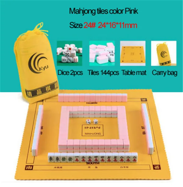 Мини китайского Маджонга плитки 144 шт./компл. 22*15 мм или 24*16 мм Портативный путешествия маджонг с кожа коровы Настольный коврик и сумка для переноски - Цвет: Tiles 24mm Pink