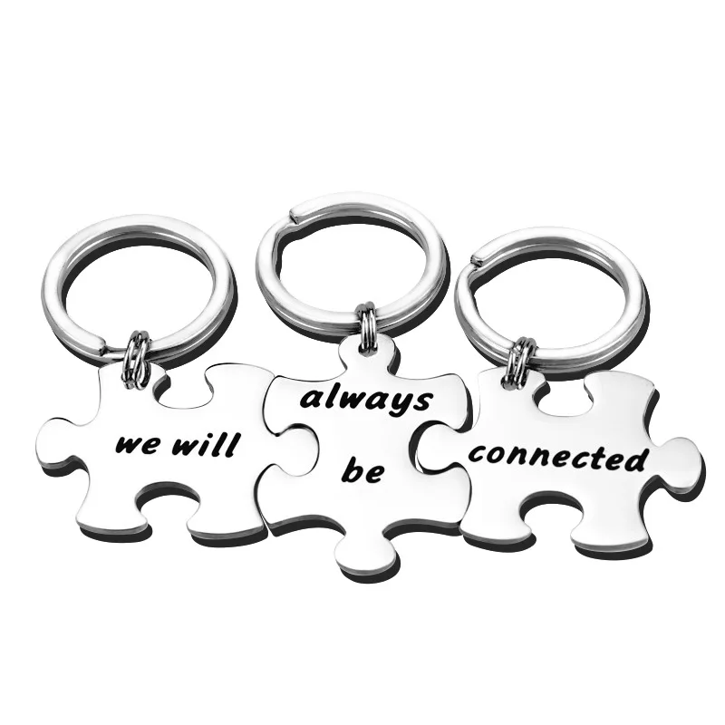 

3 Pcs/Lot We Will Always Be Connected Stainless Steel Keychains Puzzle Pieces Key Chain Jewelry Gifts For BFF Best Friends