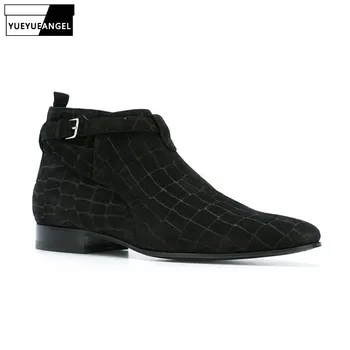 

New Business Man Cowhide Real Leather Luxury Chelsea Boots Office Work Safety Shoes Buckle Plaid Printed Pointed Toe Ankle Boots