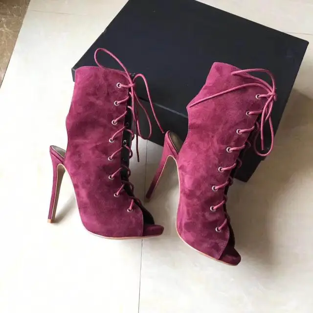 

Spring Autumn Denim Peep Toe Gladiator Ankle Boots Women High Heel Cut-outs Lace Up Booties Mujer Vintage Dress Shoes Women