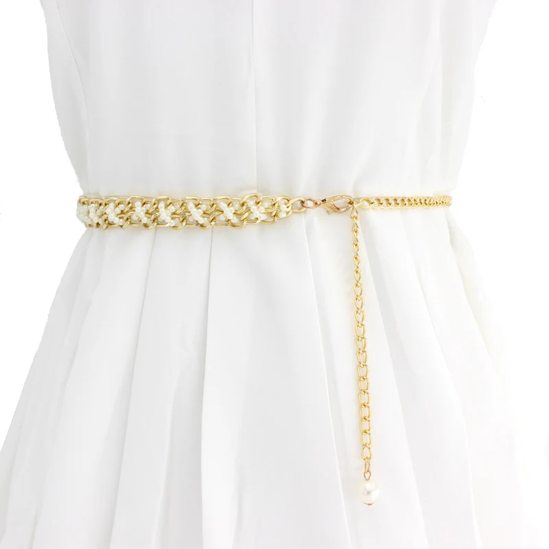 

Elegant Women Imitation Pearl Belts Alloy Gold Chain Belts Imitation Pearl Chain Women Clothing Accessories Dress Crystal Strap