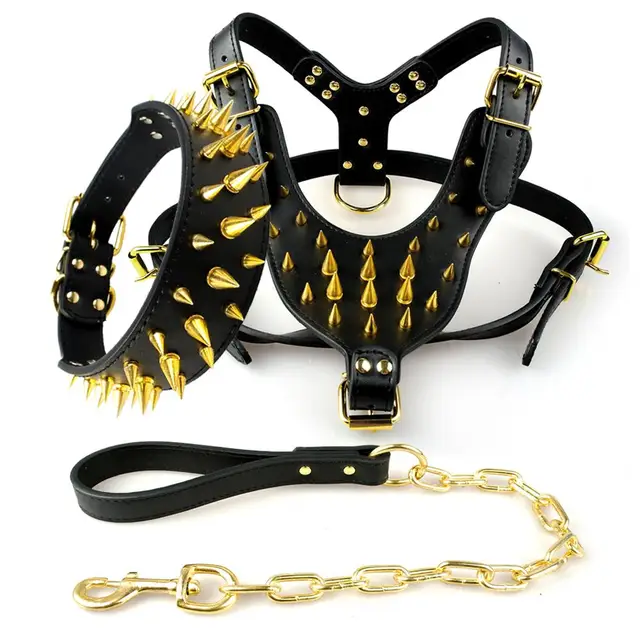 Leather Large Dog Pet Pitbull Gold Spikes Silver Studded Harness Collar Leash Set For Large Dogs Boxer Bull Terrier Gold Bolero Set Arrowgold Comforter Set Aliexpress