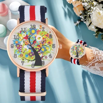 

Elegant Colorful Tree Pattern Quartz Watch for Woman Camouflage Arabic Number Nylon Strap Watches Gift for Girl