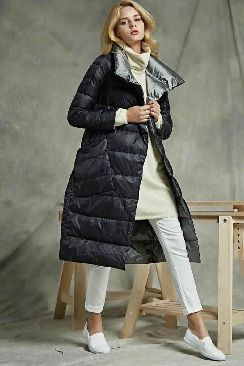Зимнее женское пуховое пальто, двухсторонняя Верхняя одежда со стоячим воротником, теплая Высококачественная Белая Куртка-пуховик на утином пуху, Женская парка T409