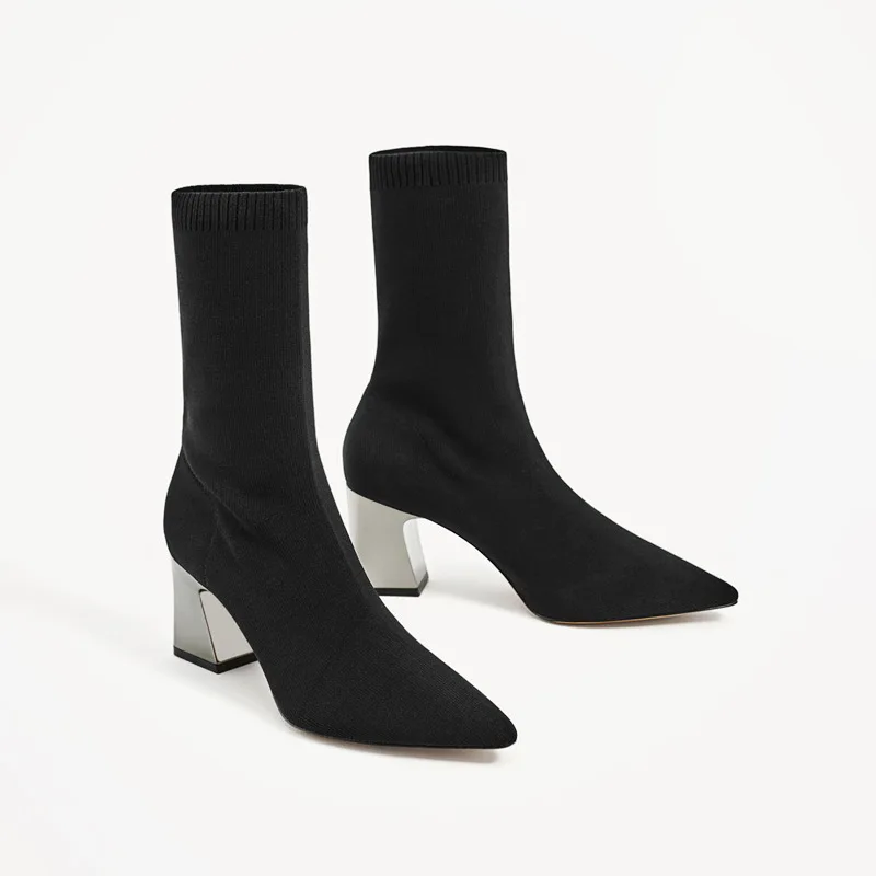 

Women Knitting Sock Boots High Heels High Quality Mid Calf Boots Stretch Women Fashion Shoes Black Block Heel Boots Ladies Shoes